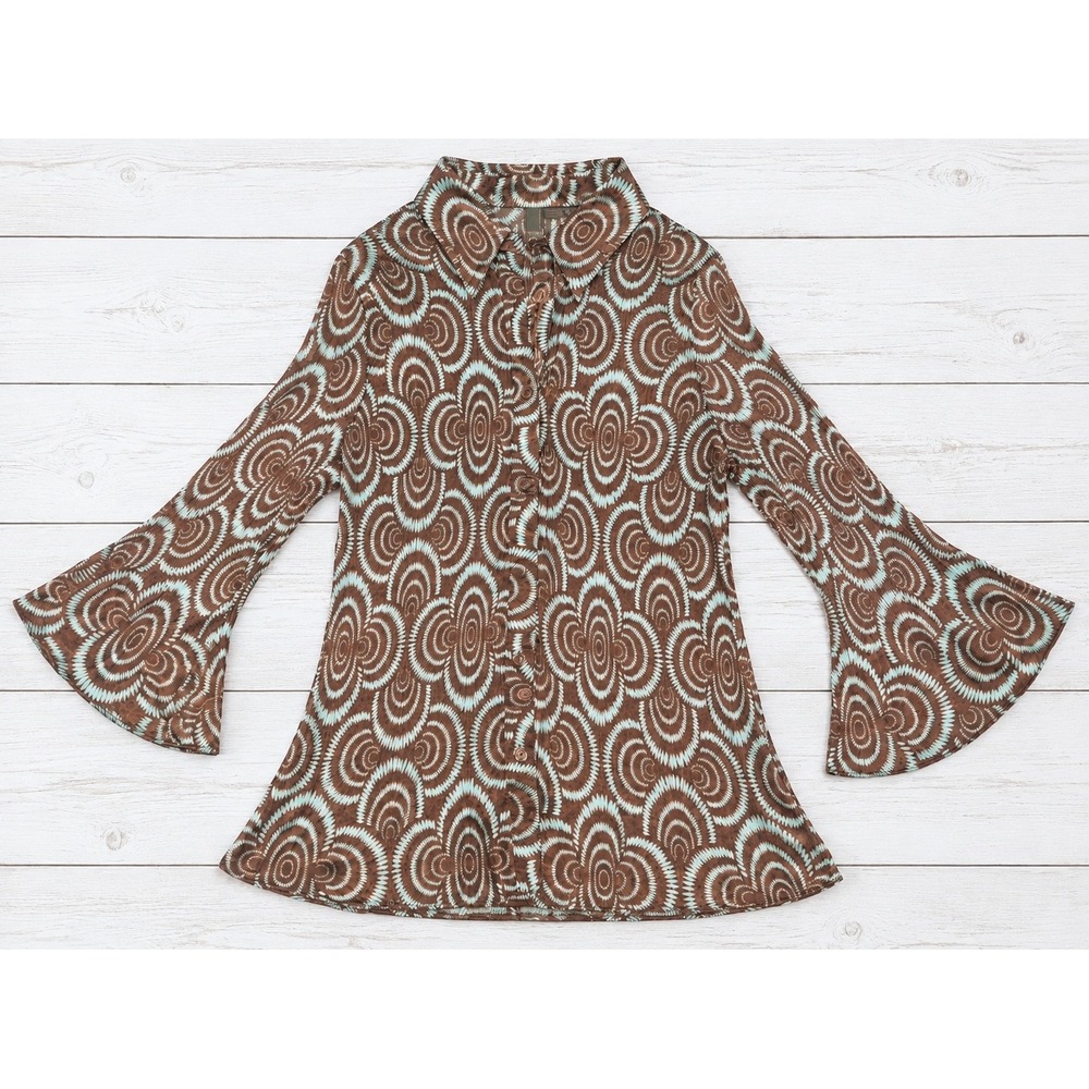 Serenade New York Woman Button Down Top Psychedelic Bell Sleeve Retro 3X